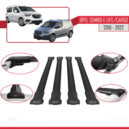 Compatible avec Opel Combo E Life 2019-2022 FLY Model Barres de Toit Railing Porte-Bagages de Voiture Noir Aluminium 4 Barres