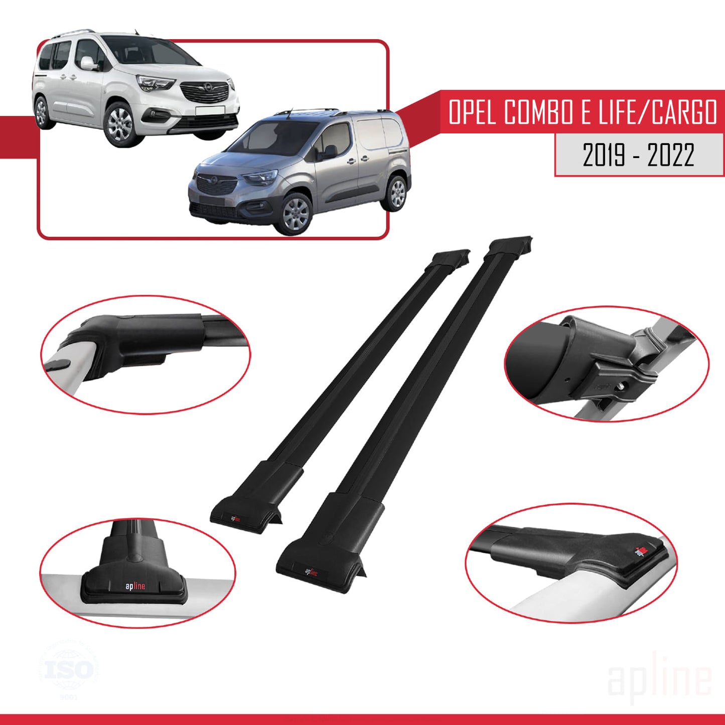 Compatible avec Opel Combo E Life 2019-2022 FLY Model Barres de Toit Railing Porte-Bagages de Voiture Noir Aluminium 2 Barres