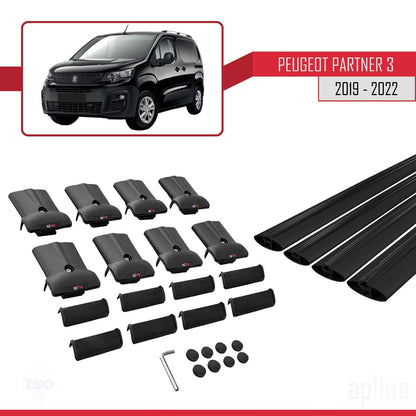 Compatible avec Peugeot Partner 3 2019-2022 FLY Model Barres de Toit Railing Porte-Bagages de Voiture Noir Aluminium 4 Barres