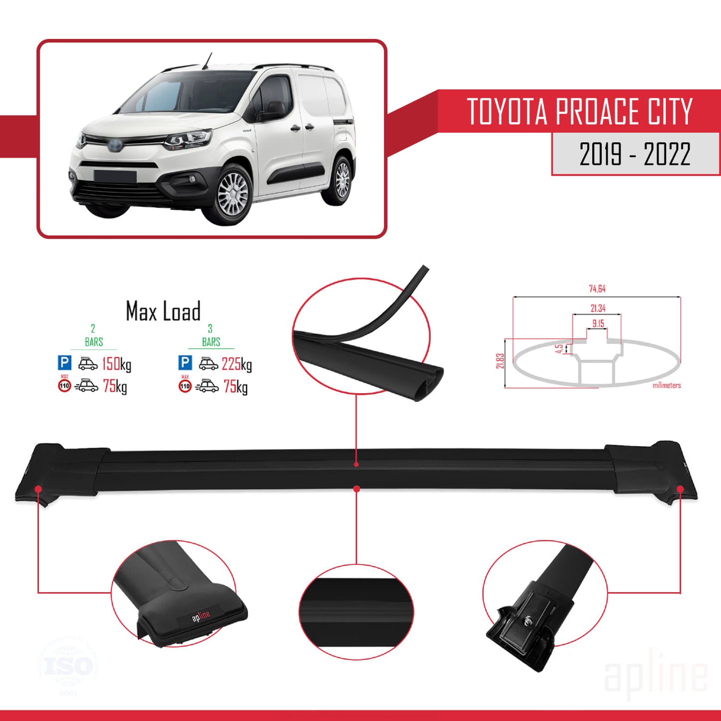 Compatible avec Toyota Proace City 2019-2022 FLY Model Barres de Toit Railing Porte-Bagages de Voiture Noir Aluminium 2 Barres