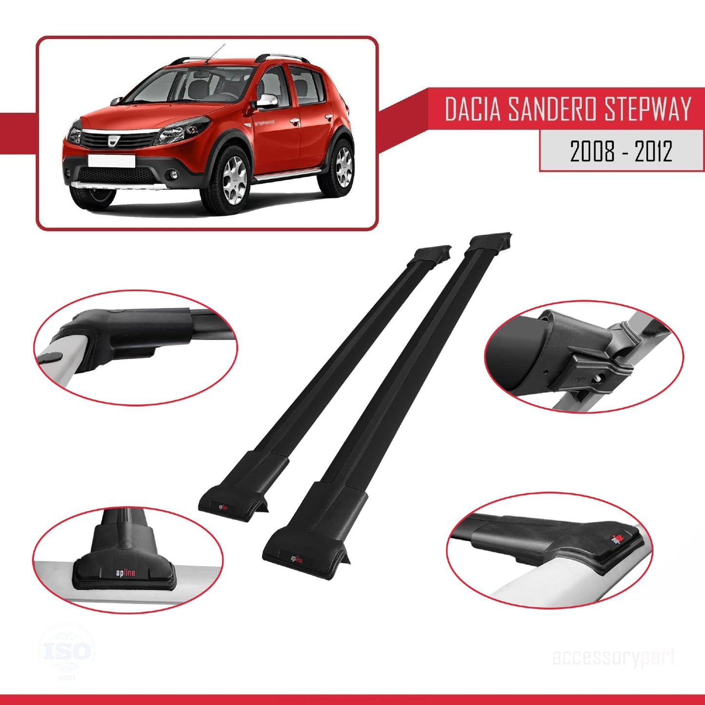 Compatible avec Dacia Sandero Stepway 2008-2012 FLY Model Barres de Toit Railing Porte-Bagages de Voiture Noir Aluminium 2 Barres