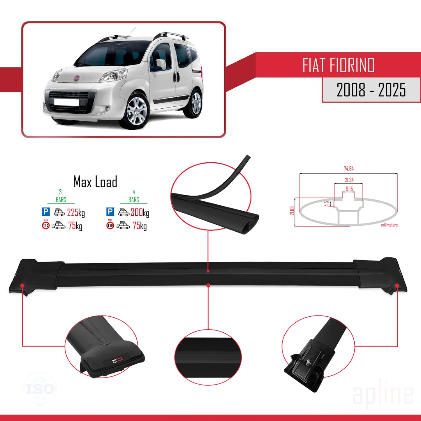 Compatible avec Fiat Fiorino 3 2008-2025 FLY Model Barres de Toit Railing Porte-Bagages de Voiture Noir Aluminium 4 Barres