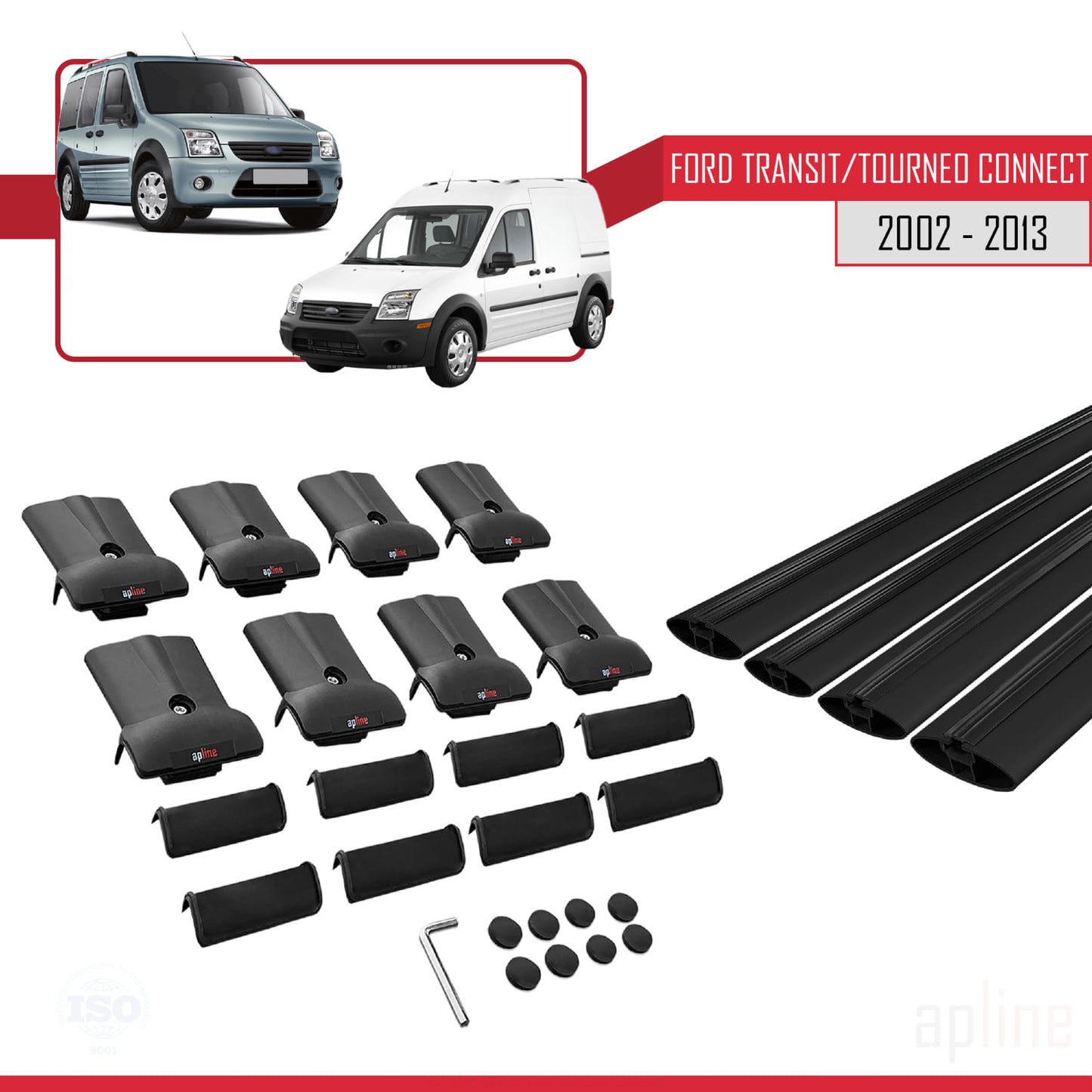 Compatible avec Ford Transit/Tourneo Connect 2002-2013 FLY Model Barres de Toit Railing Porte-Bagages de Voiture Noir Aluminium 4 Barres