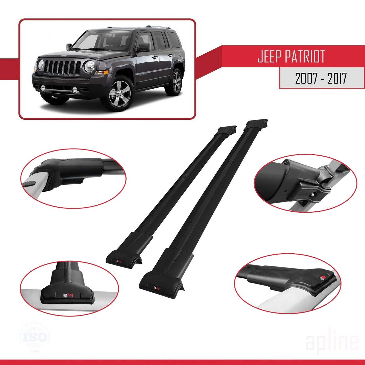 Compatible avec Jeep Patriot 2007-2017 FLY Model Barres de Toit Railing Porte-Bagages de Voiture Noir Aluminium 2 Barres