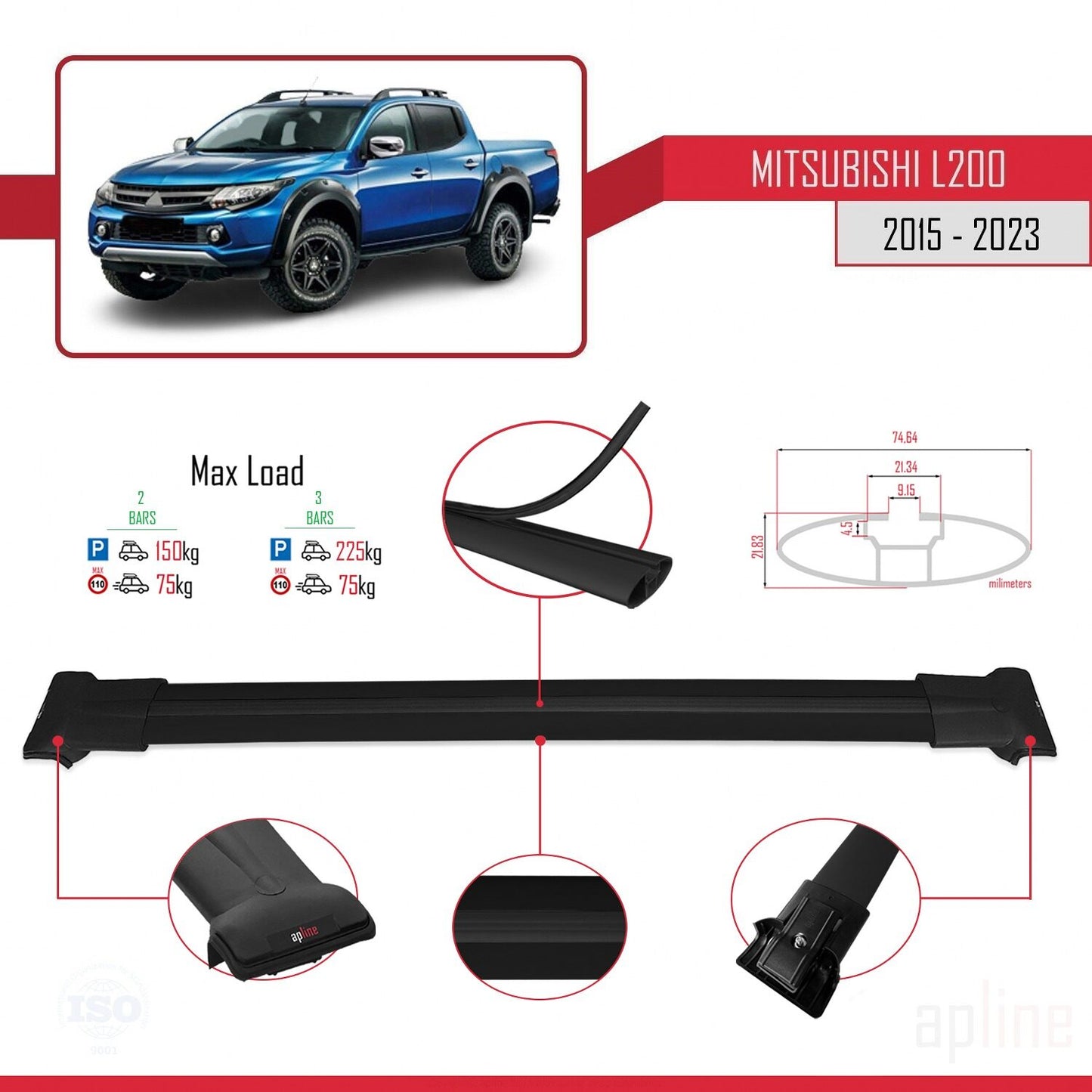 Compatible avec Mitsubishi L200 V 2015-2023 FLY Model Barres de Toit Railing Porte-Bagages de Voiture Noir Aluminium 2 Barres