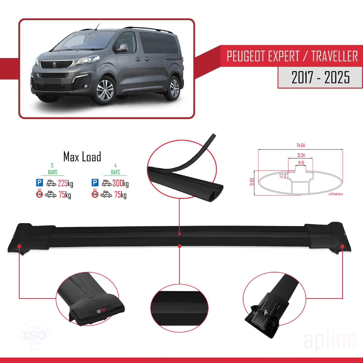 Compatible with Peugeot Expert 3 Traveller 2017-2025 FLY Model Car Roof Rack Cross Bar Black Aluminium 4 Bars