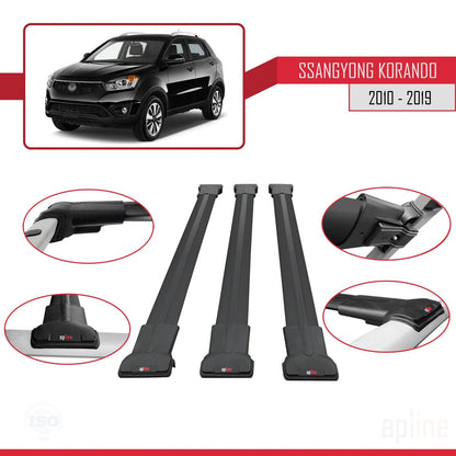Compatible avec Ssangyong Korando 3 (C200) 2010-2019 FLY Model Barres de Toit Railing Porte-Bagages de Voiture Noir Aluminium 3 Barres