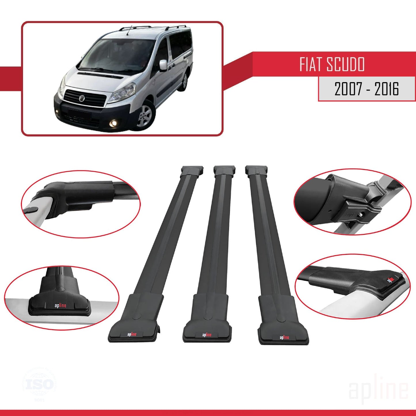 Compatible avec Fiat Scudo 2 2007-2016 FLY Model Barres de Toit Railing Porte-Bagages de Voiture Noir Aluminium 3 Barres