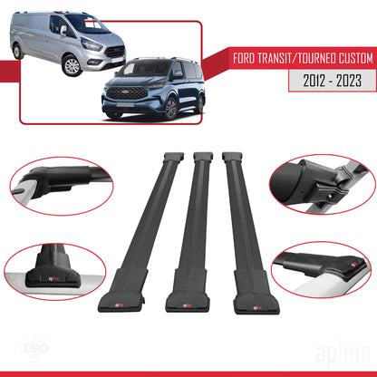 Compatible avec Ford Transit/Tourneo Custom 2012-2023 FLY Model Barres de Toit Railing Porte-Bagages de Voiture Noir Aluminium 3 Barres
