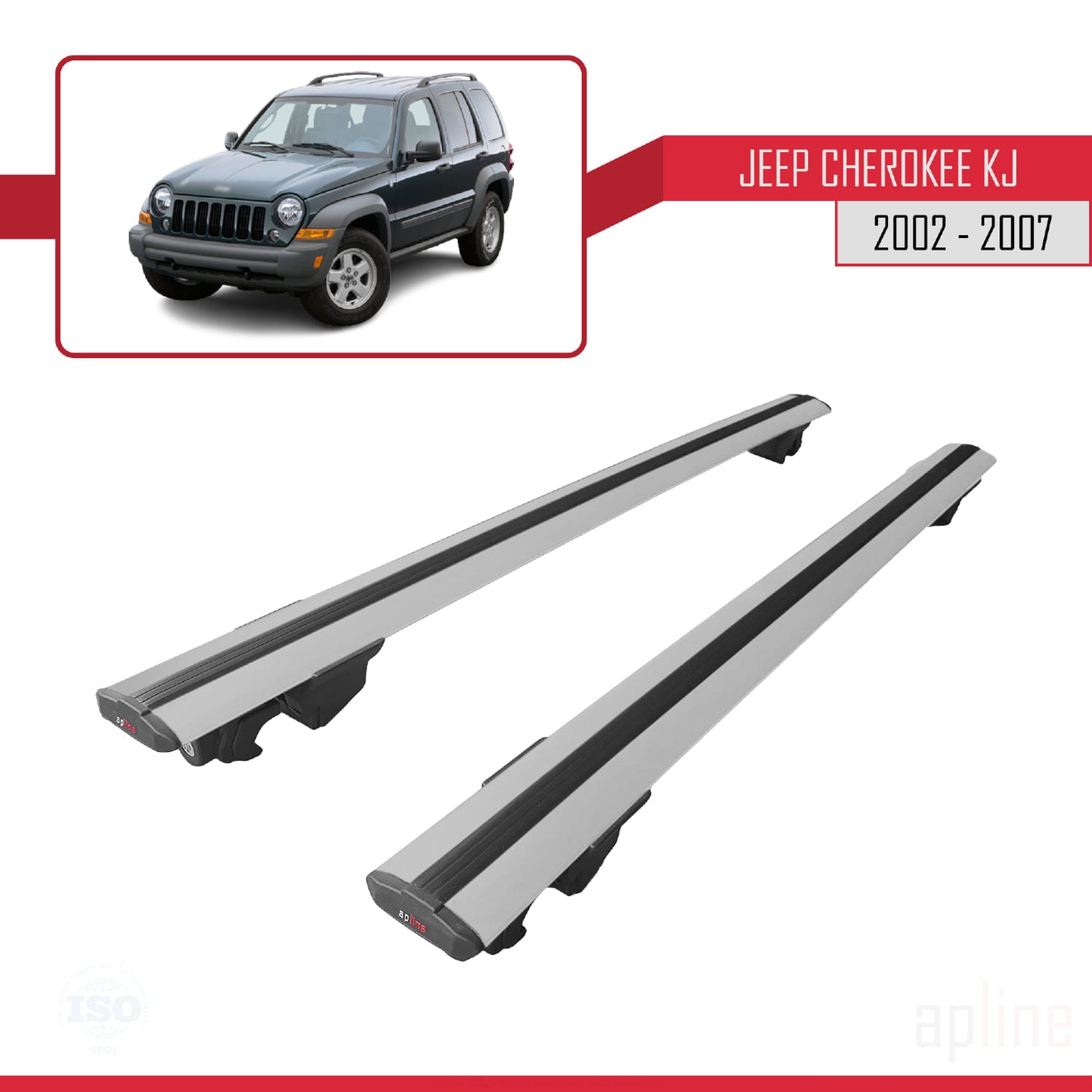 Compatible avec Jeep Cherokee 3 (KJ) 2002-2007 HOOK Model Barres de Toit Railing Porte-Bagages de Voiture Gris Aluminium 2 Barres