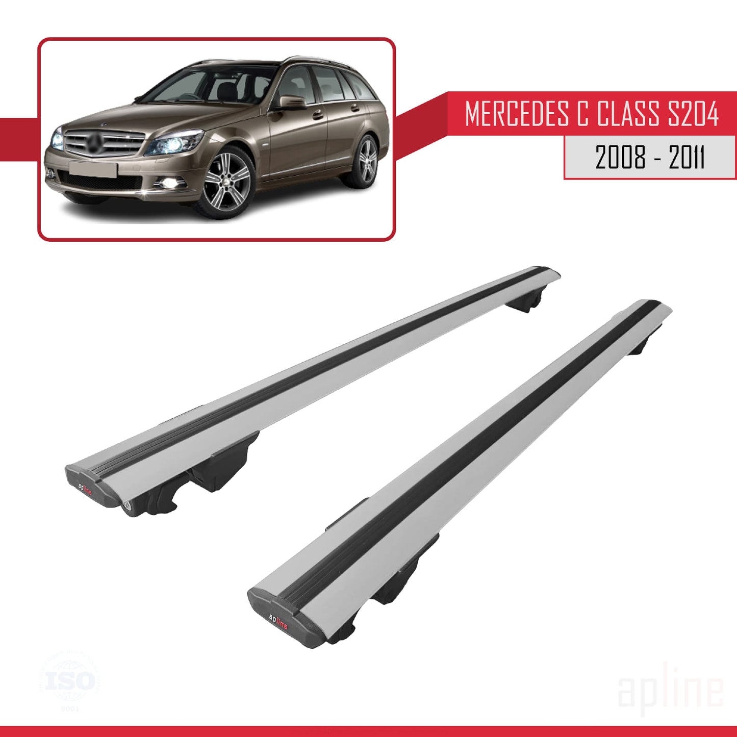 Compatible with Mercedes C Class 3 (S204) Pre-Facelift 2008-2011 HOOK Model Car Roof Rack Cross Bar Grey Aluminium 2 Bars