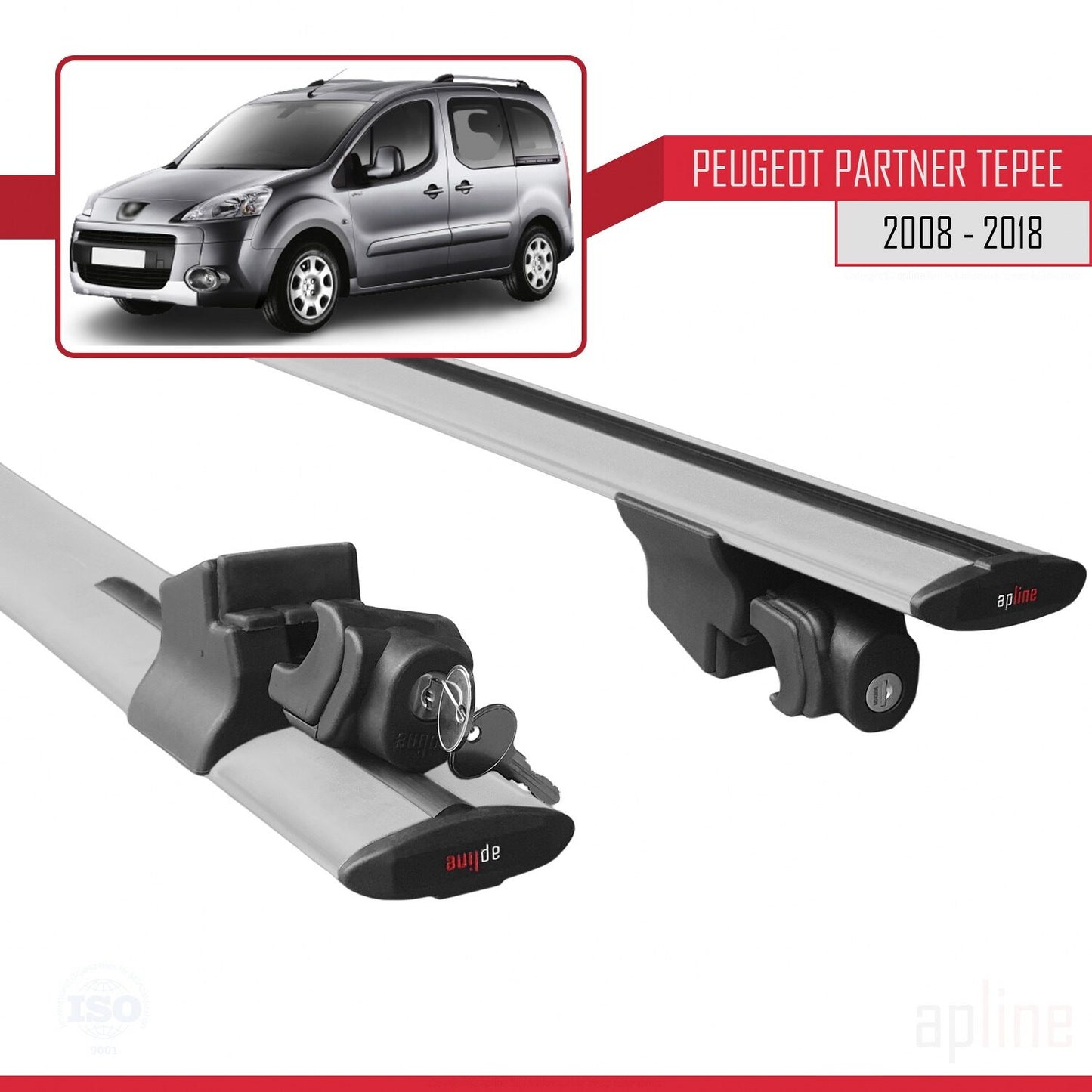 Compatible avec Peugeot Partner 2 Tepee 2008-2018 HOOK Model Barres de Toit Railing Porte-Bagages de Voiture Gris Aluminium 2 Barres