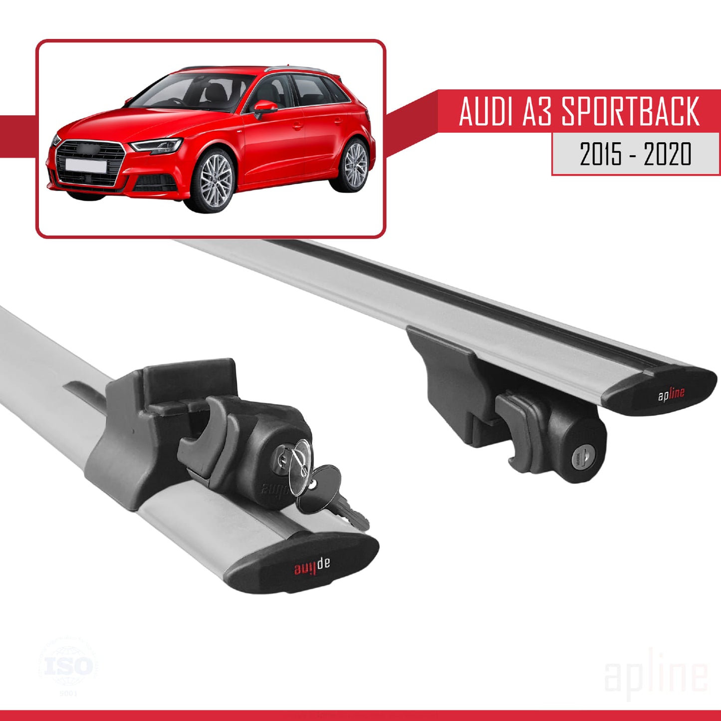 Compatible avec Audi A3 Sportback 2015-2020 HOOK Model Barres de Toit Railing Porte-Bagages de Voiture Gris Aluminium 2 Barres