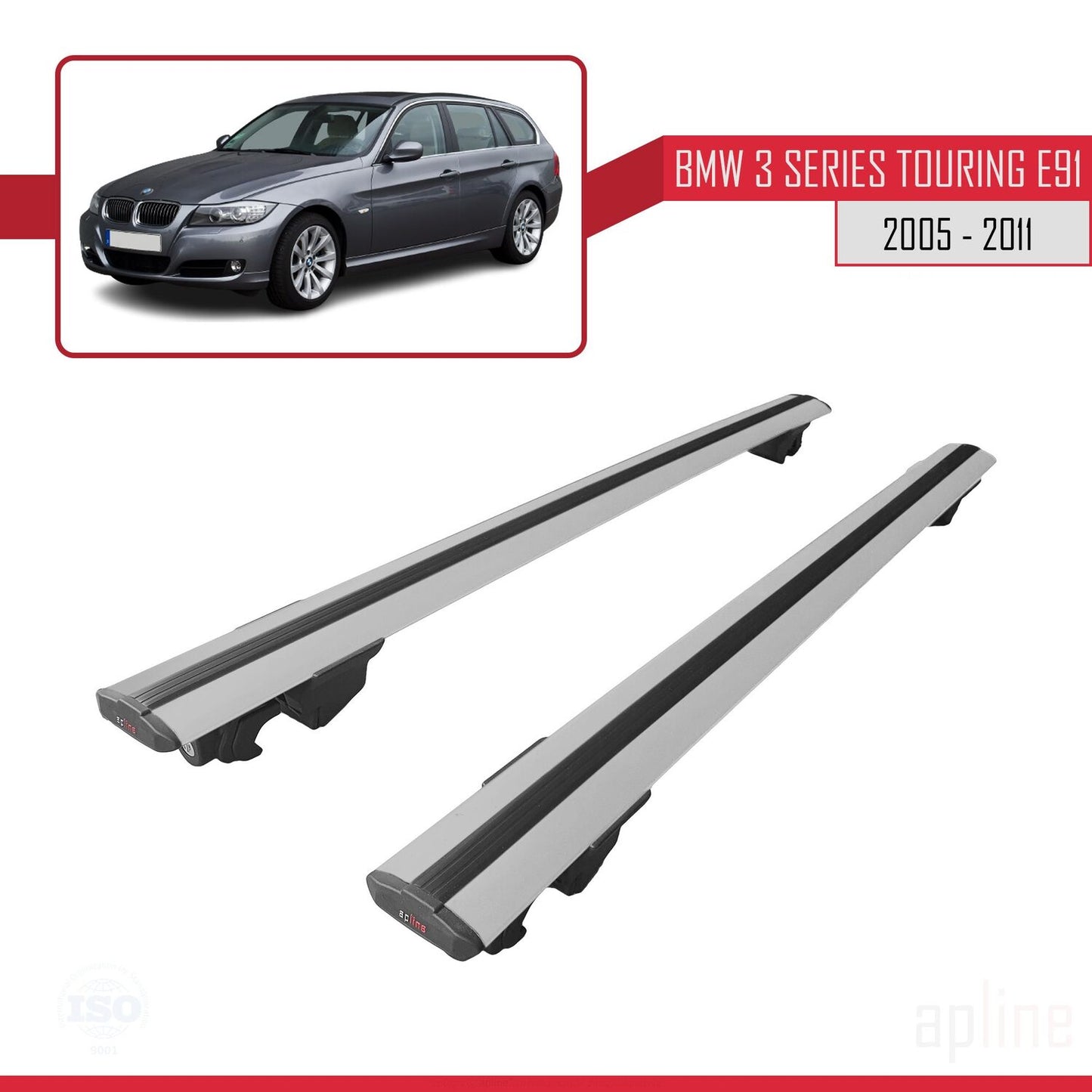 Compatible avec BMW Série 3 (E91) Touring 2005-2011 HOOK Model Barres de Toit Railing Porte-Bagages de Voiture Gris Aluminium 2 Barres