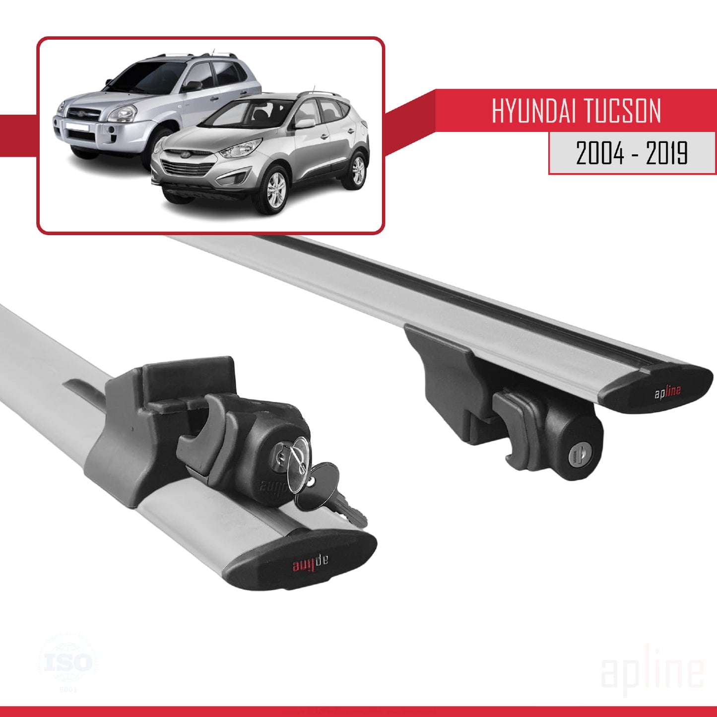 Compatible with Hyundai Tucson (JM) 2004-2019 HOOK Model Car Roof Rack Cross Bar Grey Aluminium 2 Bars