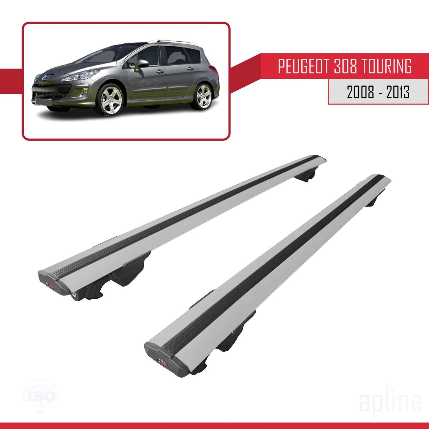 Compatible with Peugeot 308 (T7) SW 2008-2013 HOOK Model Car Roof Rack Cross Bar Grey Aluminium 2 Bars