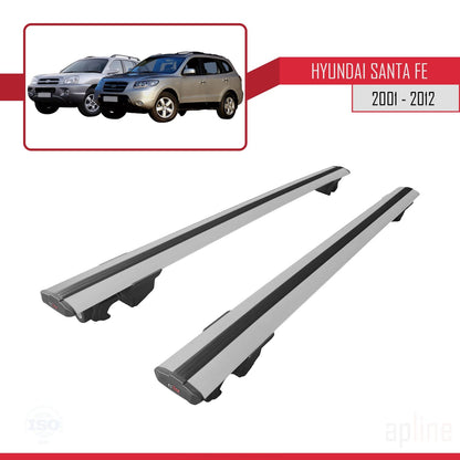 Compatible with Hyundai Santa Fe (SM/CM) 2001-2012 HOOK Model Car Roof Rack Cross Bar Grey Aluminium 2 Bars
