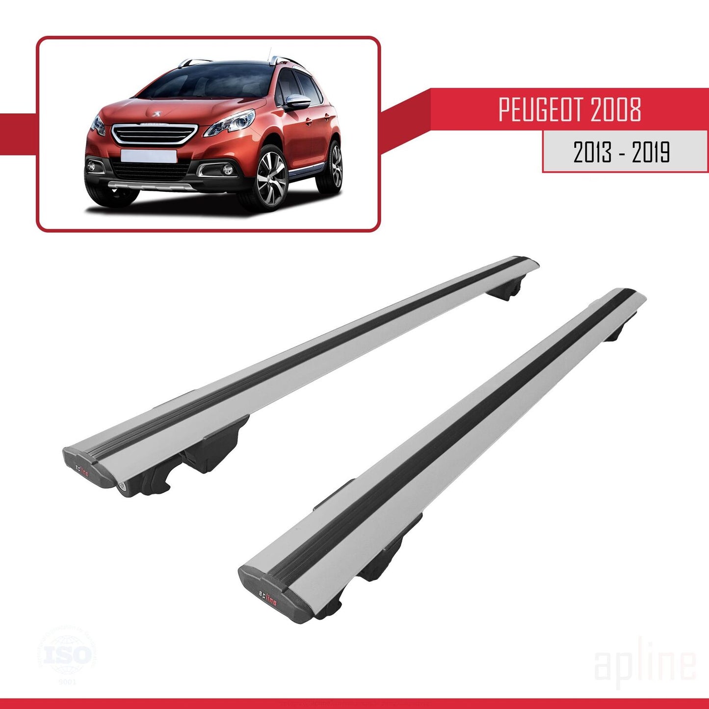 Compatible with Peugeot 2008 (A94) 2013-2019 HOOK Model Car Roof Rack Cross Bar Grey Aluminium 2 Bars