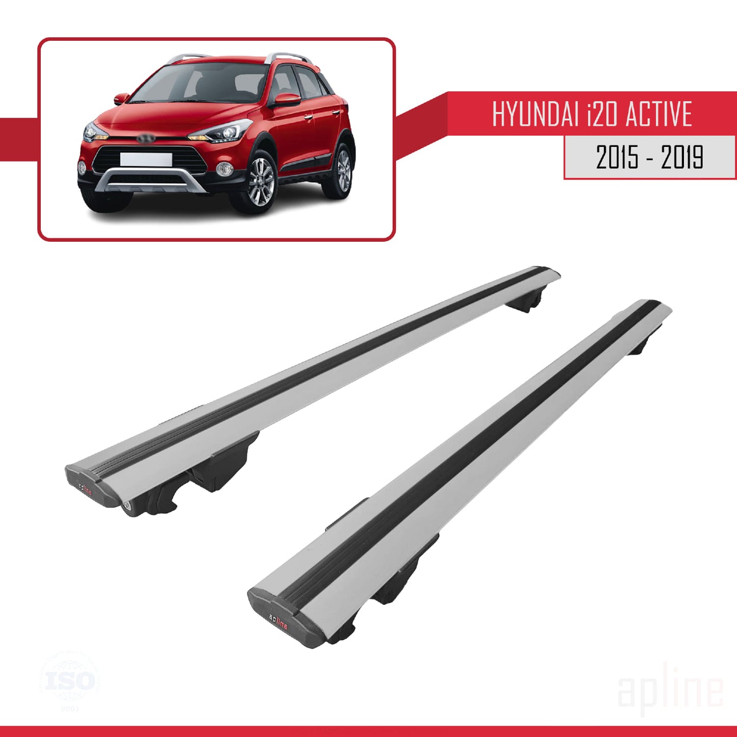 Compatible with Hyundai i20 II Active 2015-2019 HOOK Model Car Roof Rack Cross Bar Grey Aluminium 2 Bars