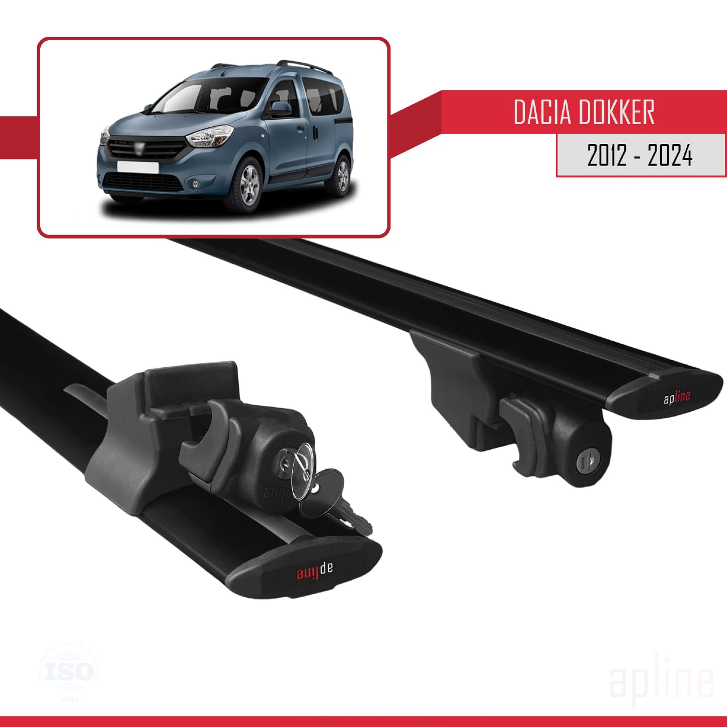 Compatible avec Dacia Dokker (K67) 2012-2024 HOOK Model Barres de Toit Railing Porte-Bagages de Voiture Noir Aluminium 2 Barres