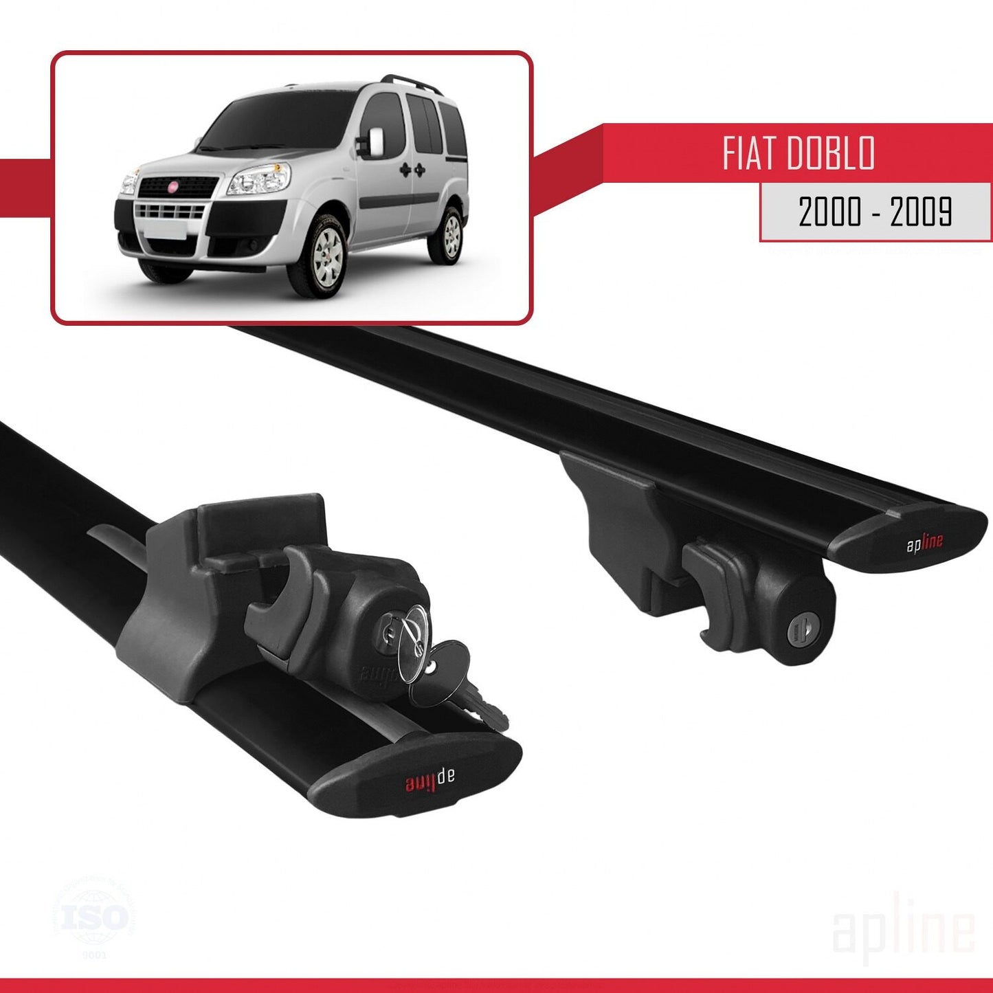 Compatible avec Fiat Doblo 2000-2009 HOOK Model Barres de Toit Railing Porte-Bagages de Voiture Noir Aluminium 2 Barres
