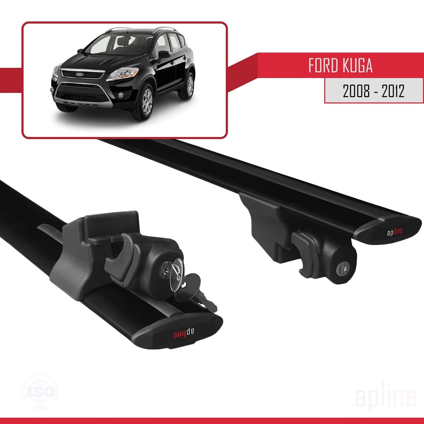 Compatible avec Ford Kuga (C394) 2008-2012 HOOK Model Barres de Toit Railing Porte-Bagages de Voiture Noir Aluminium 2 Barres