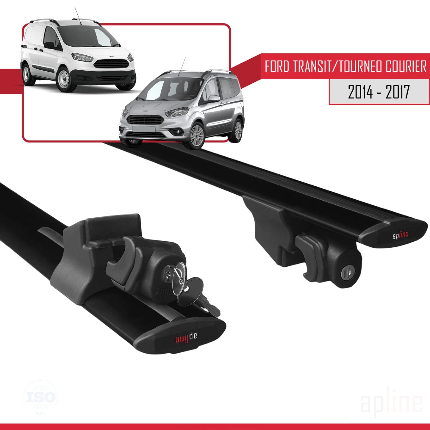 Compatible avec Ford Transit/Tourneo Courier Pre-Facelift 2014-2017 HOOK Model Barres de Toit Railing Porte-Bagages de Voiture Noir Aluminium 2 Barres