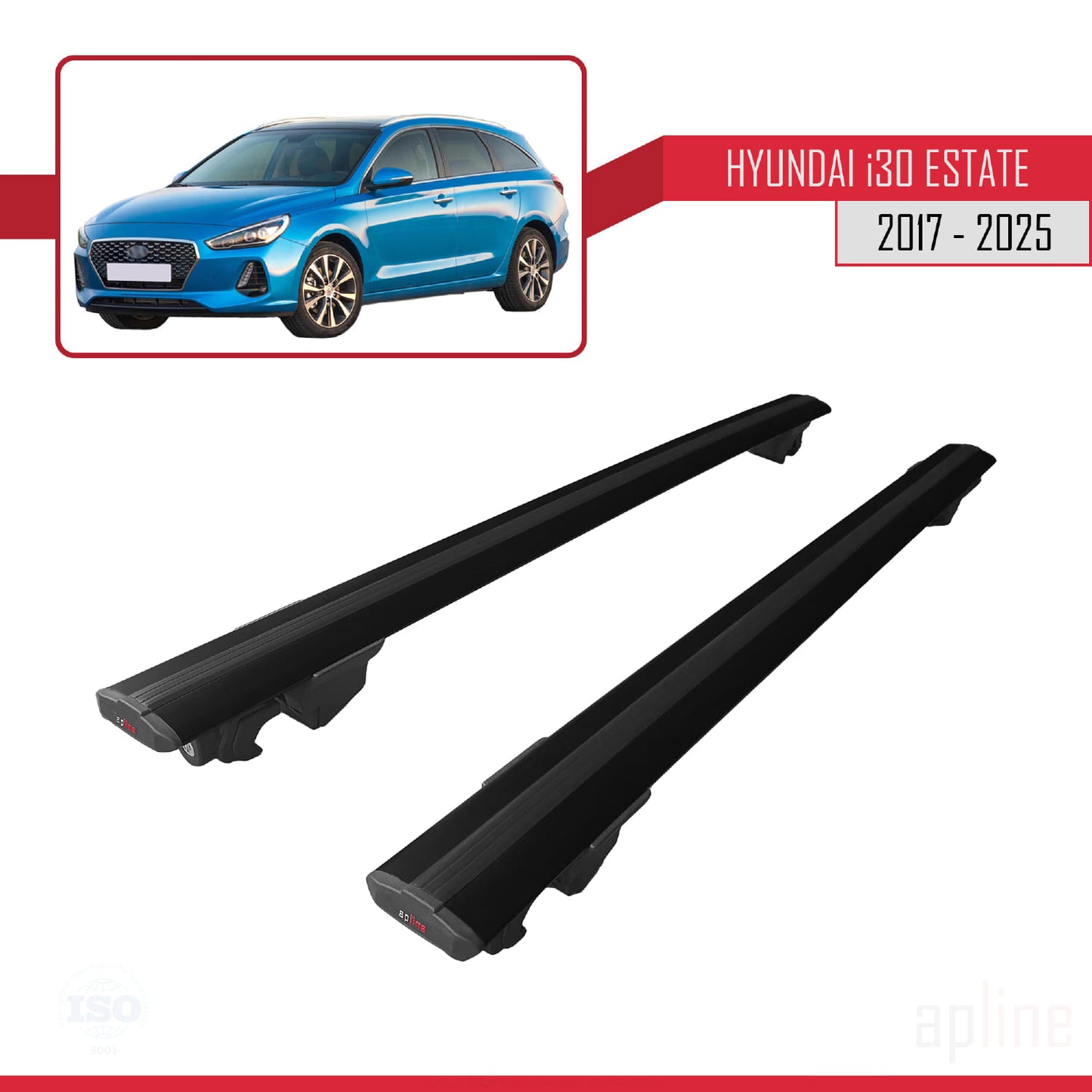 Compatible with Hyundai i30 3 (PD) SW 2017-2025 HOOK Model Car Roof Rack Cross Bar Black Aluminium 2 Bars