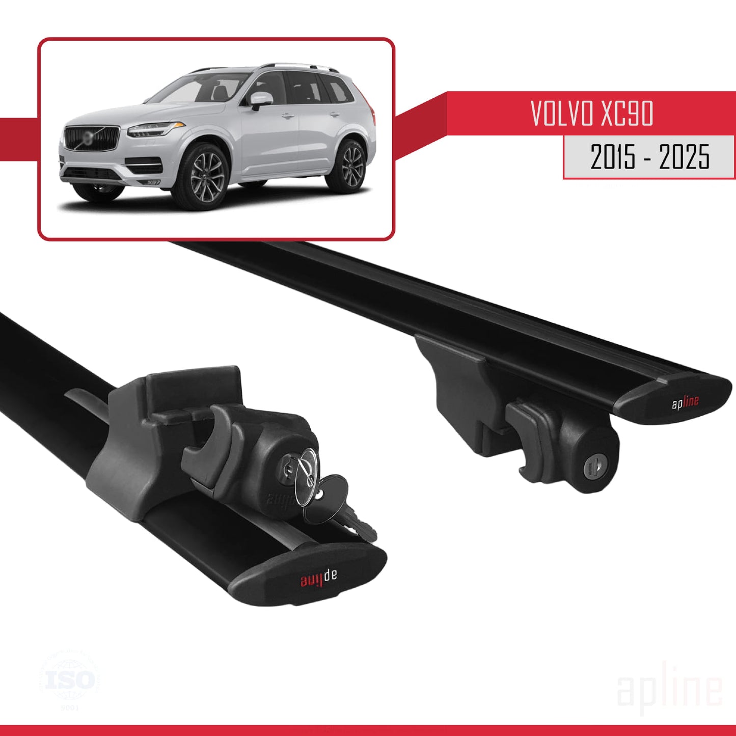 Compatible avec Volvo XC90 II 2015-2025 HOOK Model Barres de Toit Railing Porte-Bagages de Voiture Noir Aluminium 2 Barres