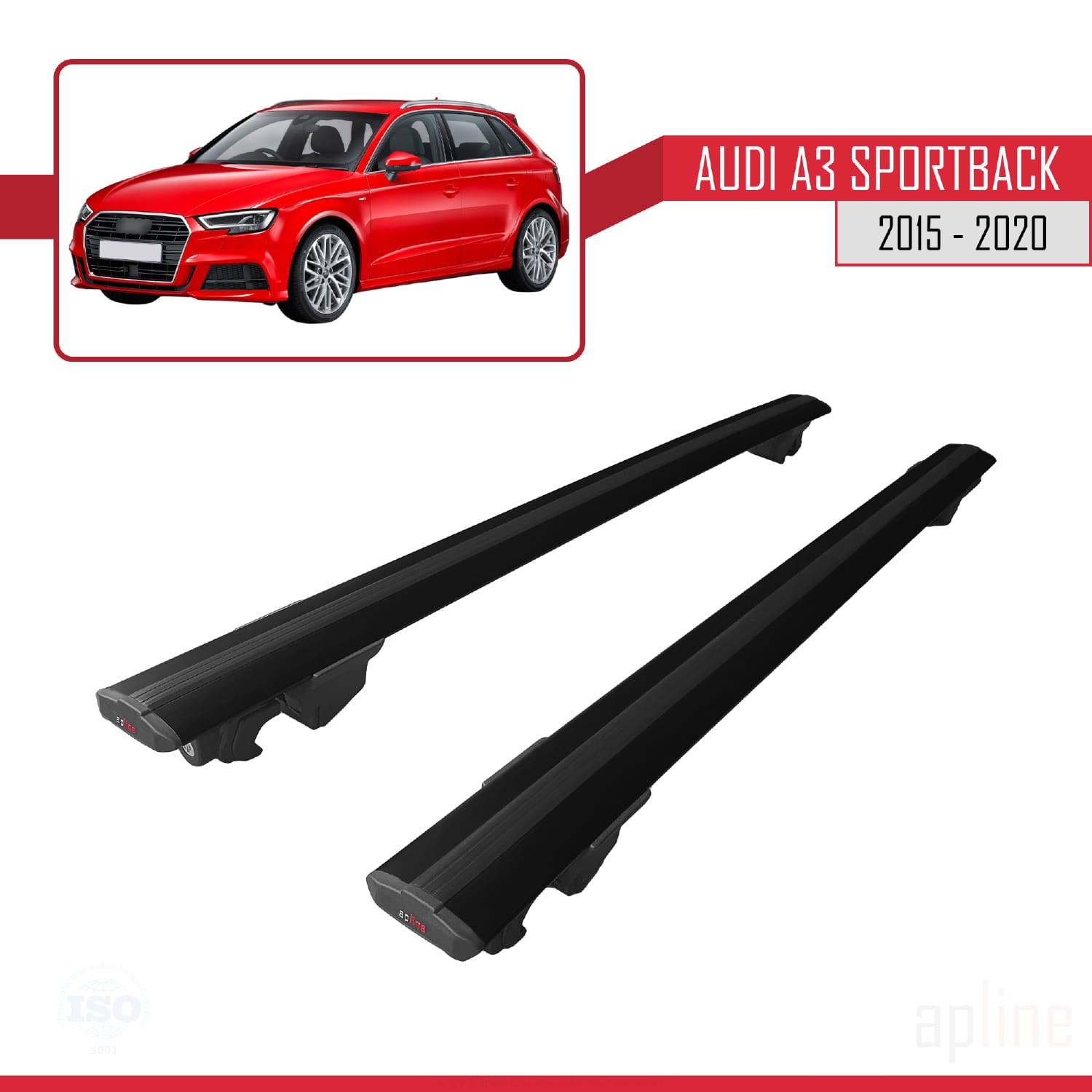 Compatible avec Audi A3 Sportback 2015-2020 HOOK Model Barres de Toit Railing Porte-Bagages de Voiture Noir Aluminium 2 Barres