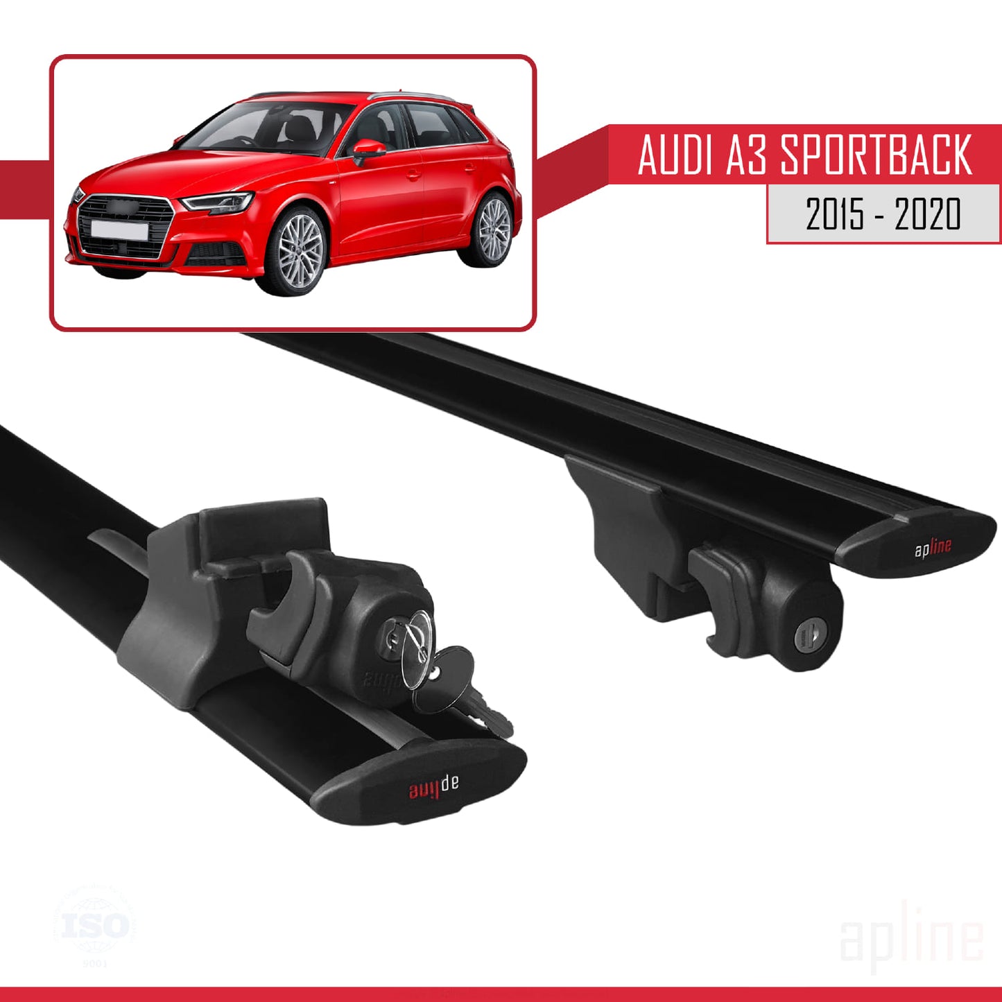 Compatible avec Audi A3 Sportback 2015-2020 HOOK Model Barres de Toit Railing Porte-Bagages de Voiture Noir Aluminium 2 Barres