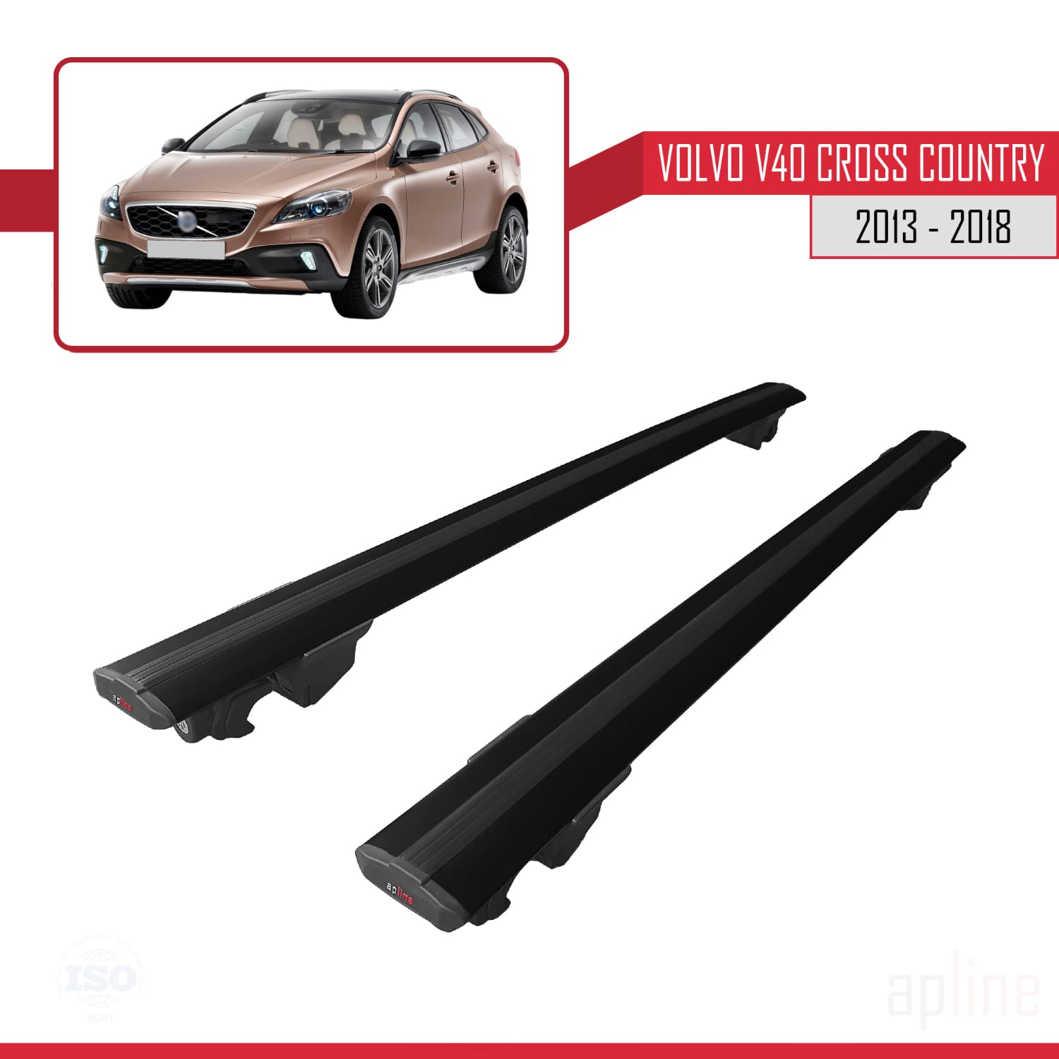 Compatible avec Volvo V40 Cross Country 2013-2018 HOOK Model Barres de Toit Railing Porte-Bagages de Voiture Noir Aluminium 2 Barres
