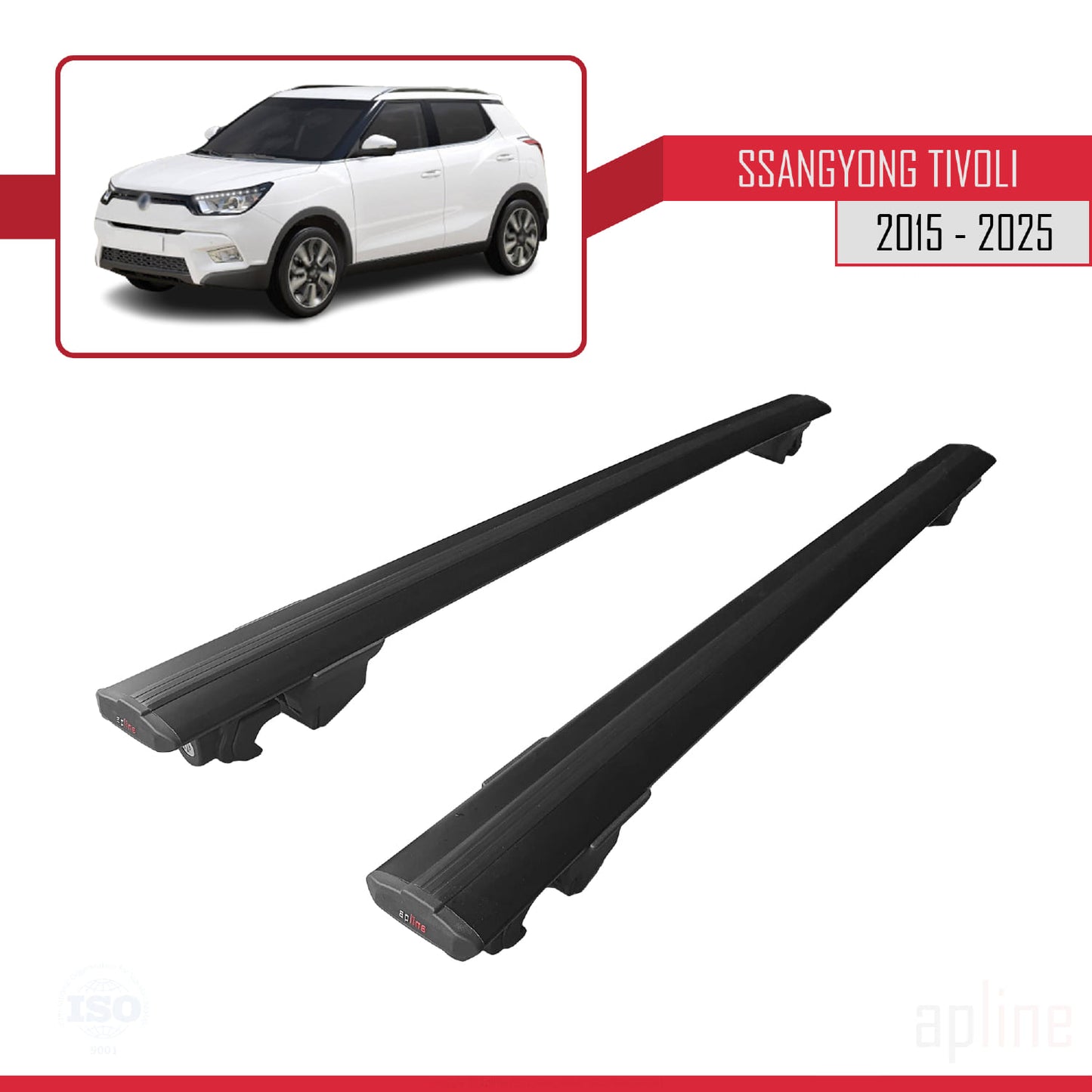 Compatible avec Ssangyong Tivoli 2015-2024 HOOK Model Barres de Toit Railing Porte-Bagages de Voiture Noir Aluminium 2 Barres