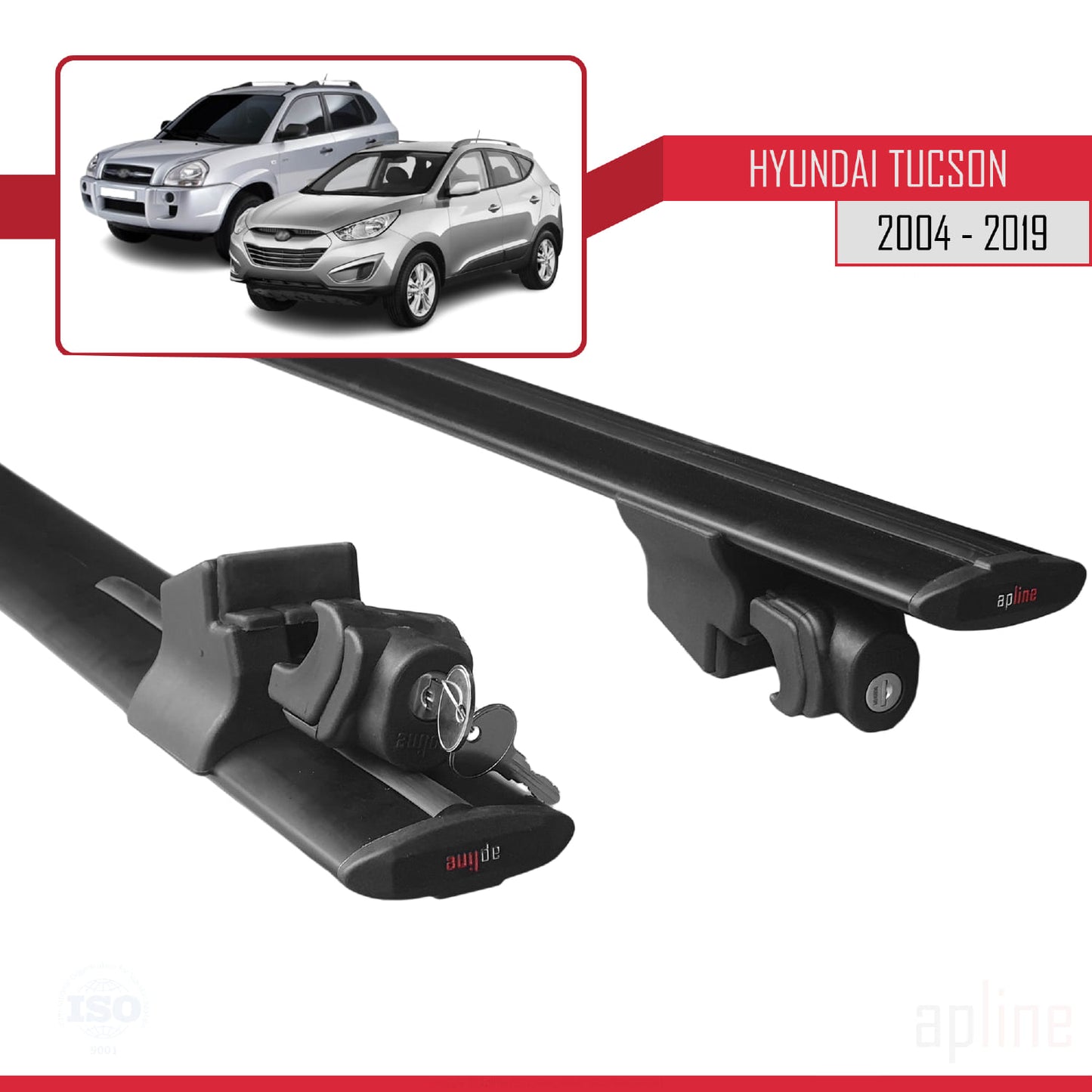 Compatible avec Hyundai Tucson (JM) 2004-2019 HOOK Model Barres de Toit Railing Porte-Bagages de Voiture Noir Aluminium 2 Barres
