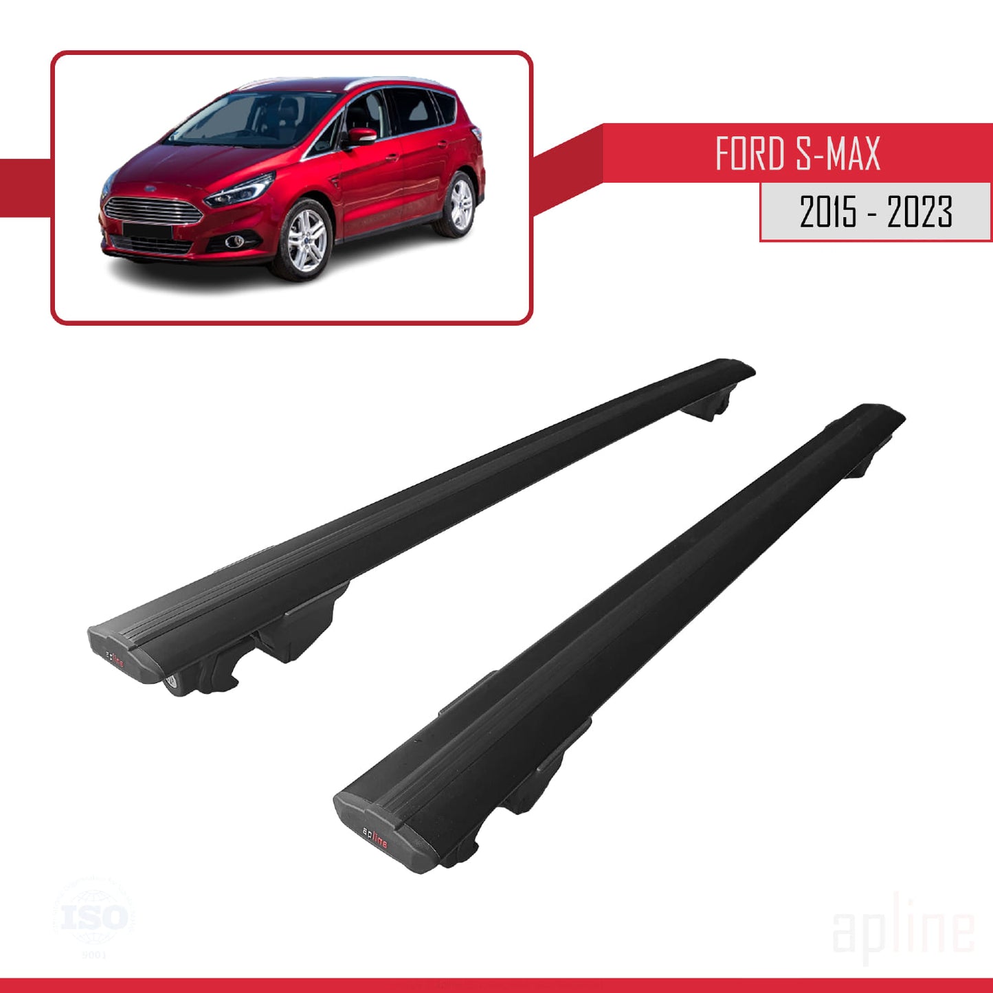 Compatible avec Ford S-Max 2 (CD539) 2015-2023 HOOK Model Barres de Toit Railing Porte-Bagages de Voiture Noir Aluminium 2 Barres