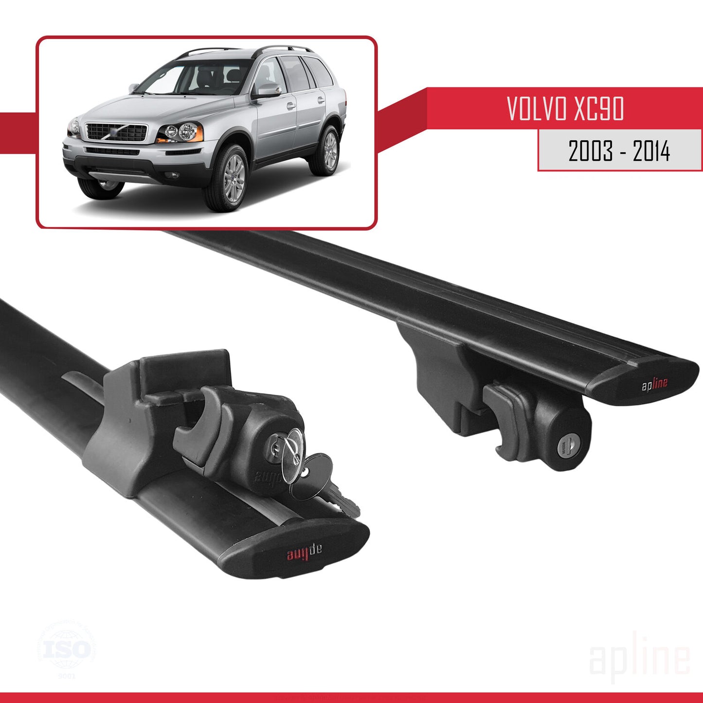 Compatible avec Volvo XC90 2003-2014 HOOK Model Barres de Toit Railing Porte-Bagages de Voiture Noir Aluminium 2 Barres