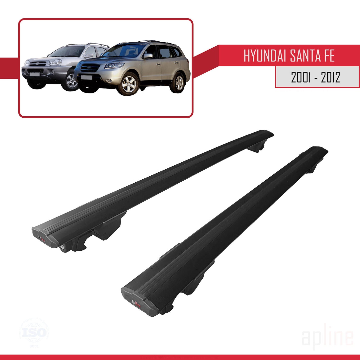 Compatible with Hyundai Santa Fe (SM/CM) 2001-2012 HOOK Model Car Roof Rack Cross Bar Black Aluminium 2 Bars