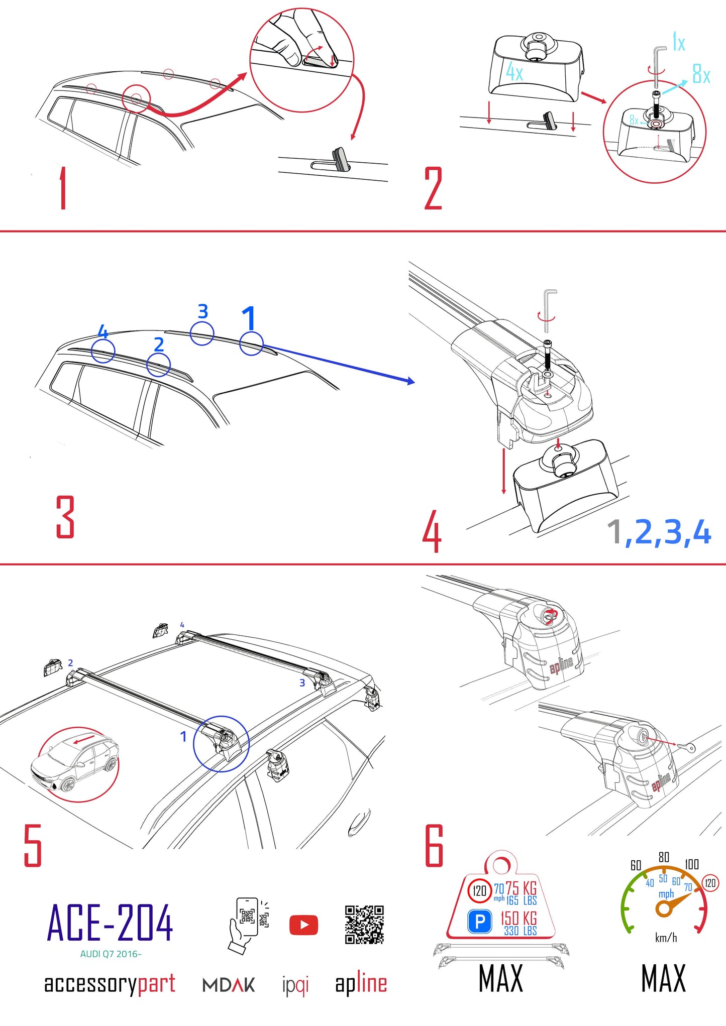 Compatible avec Audi Q7 (4M) 2015-2026 ACE-2 modèle Barres de Toit Railing Porte-Bagages de Voiture Gris Aluminium Barres