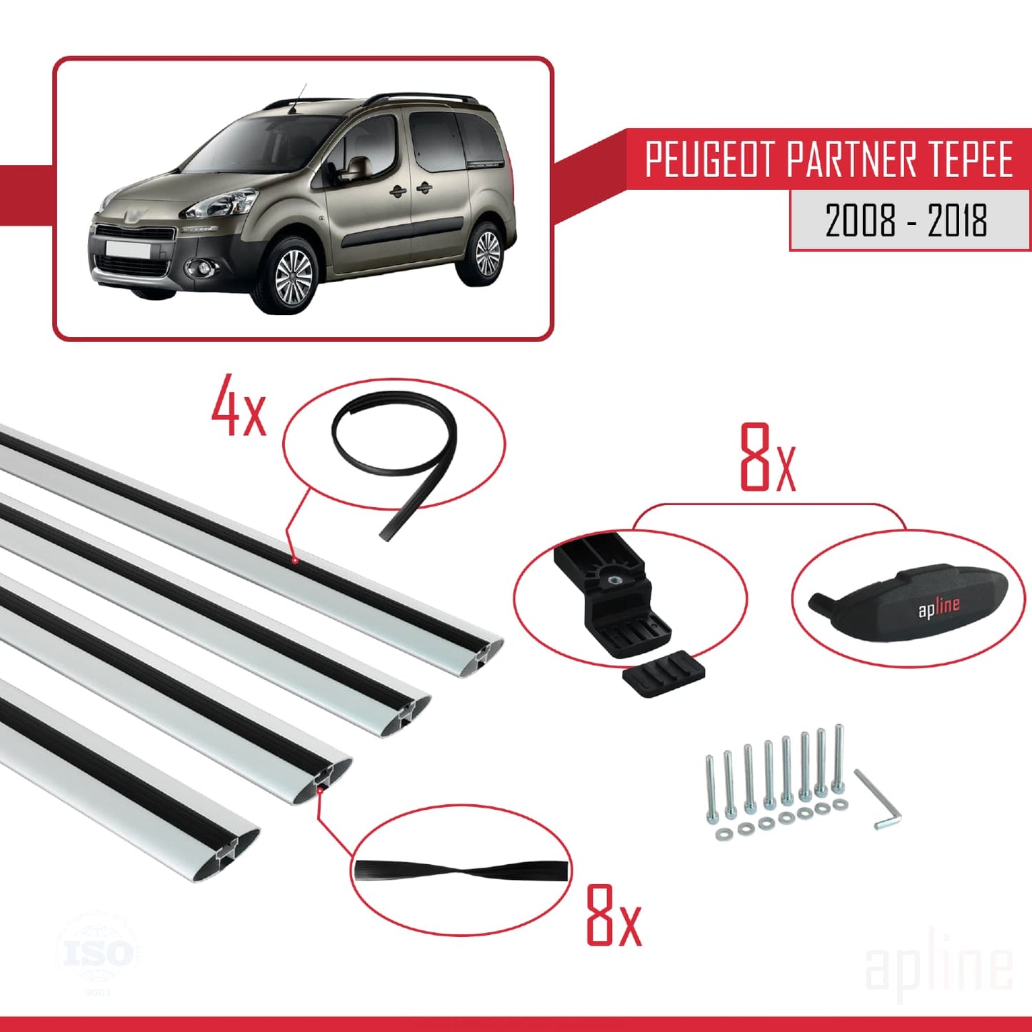 Compatible avec Peugeot Partner 2 Tepee 2008-2018 BASIC Model Barres de Toit Railing Porte-Bagages de Voiture Gris Aluminium 4 Barres