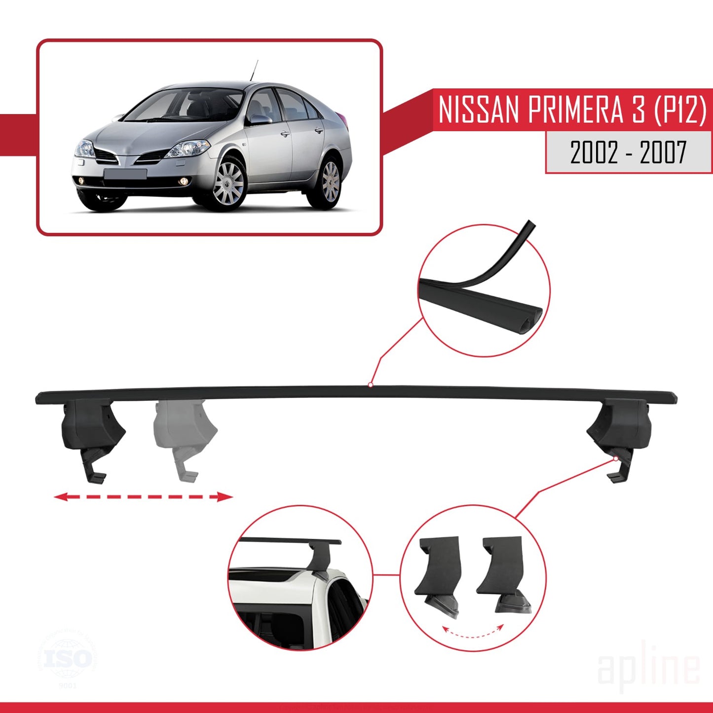 Compatible avec Nissan Primera 3 (P12) 2002-2007 ACE-4 Barres de Toit Railing Porte-Bagages de Voiture Noir Aluminium 2 Barres