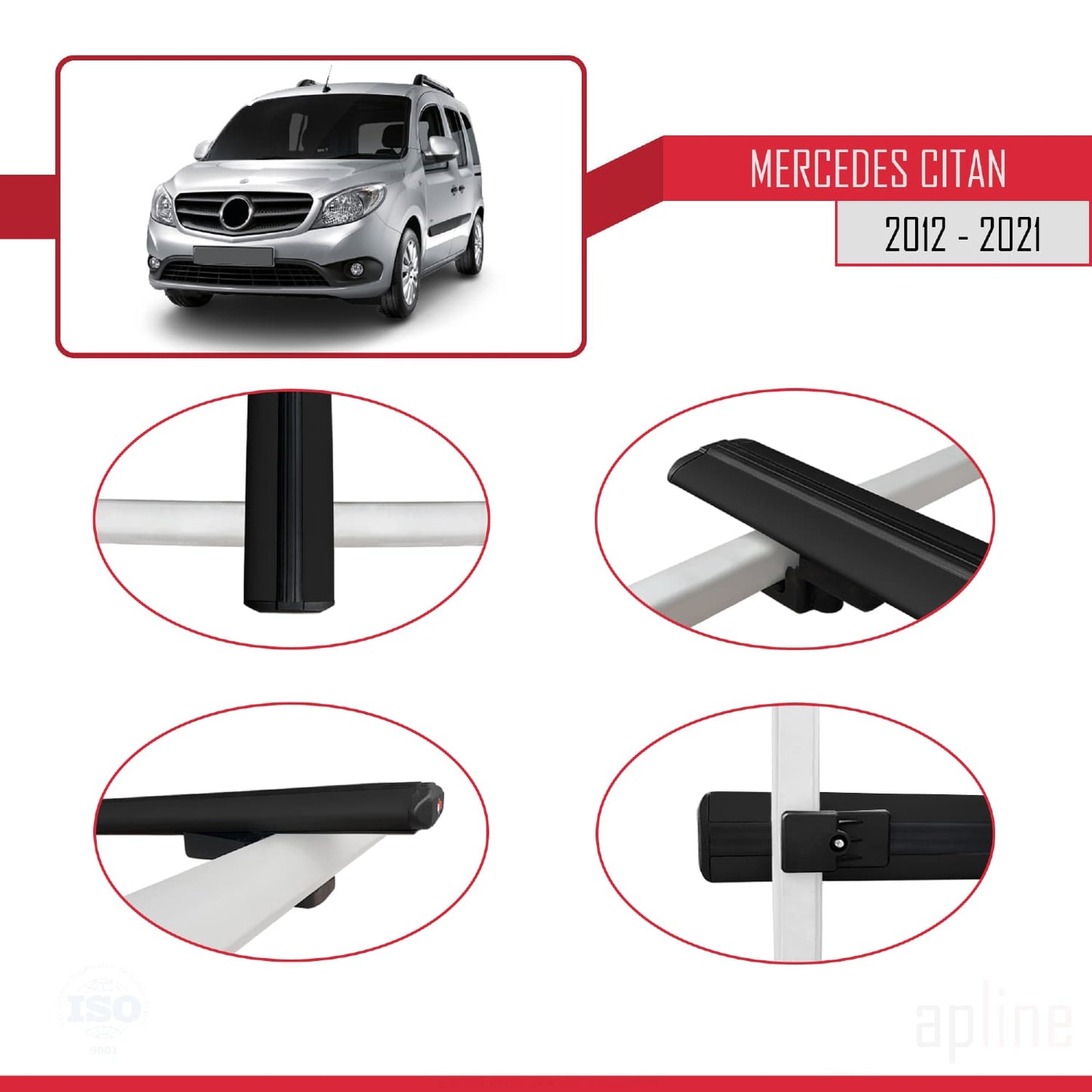 Compatible avec Mercedes Citan (W415) 2012-2021 BASIC Model Barres de Toit Railing Porte-Bagages de Voiture Noir Aluminium 4 Barres