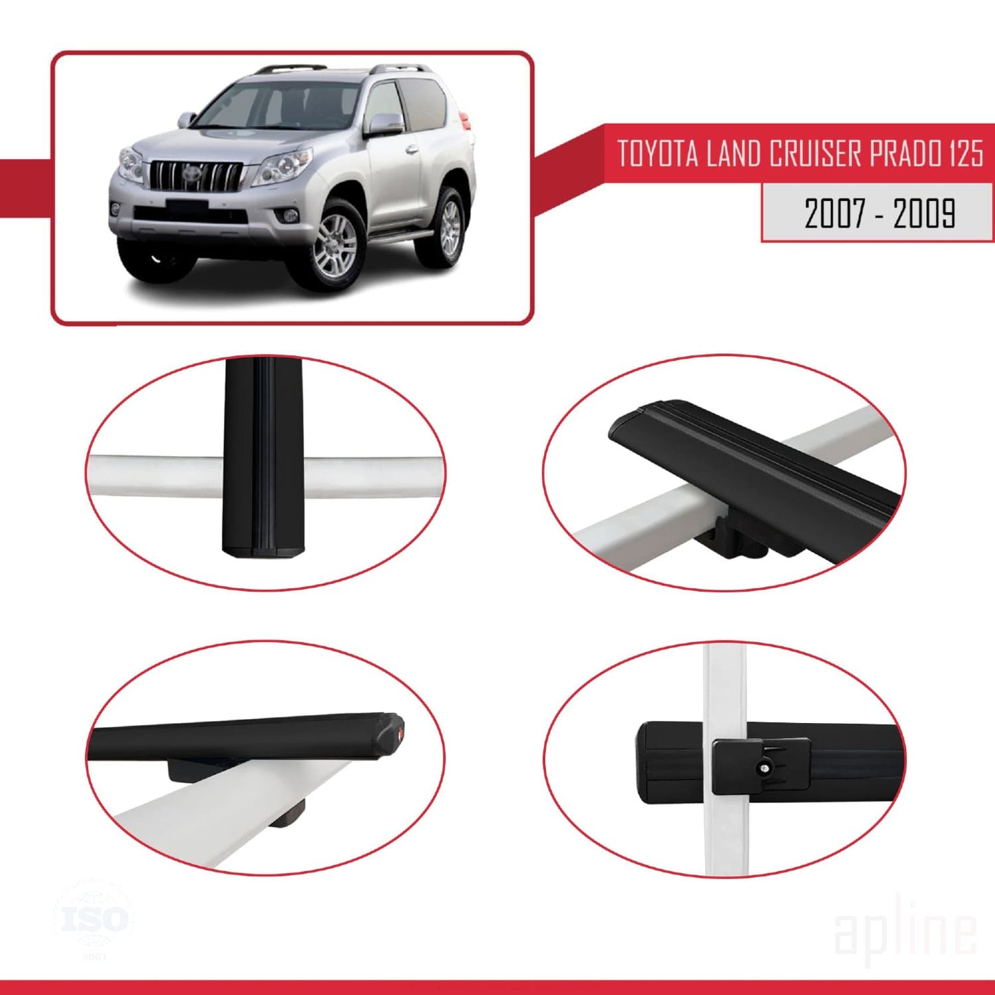 Compatible avec Toyota Land Cruiser Prado (J125) 2007-2009 BASIC Model Barres de Toit Railing Porte-Bagages de Voiture Noir Aluminium 2 Barres