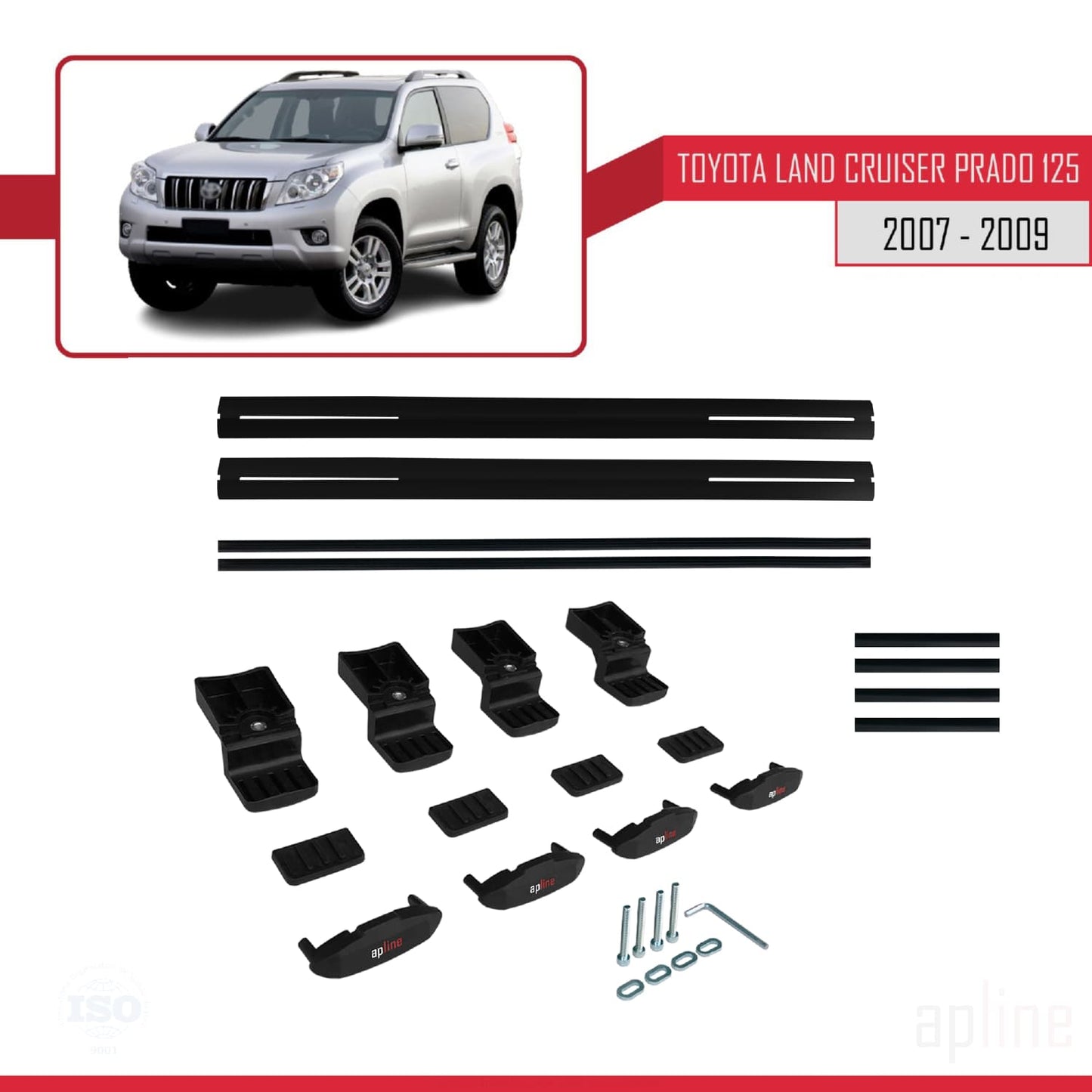 Compatible avec Toyota Land Cruiser Prado (J125) 2007-2009 BASIC Model Barres de Toit Railing Porte-Bagages de Voiture Noir Aluminium 2 Barres