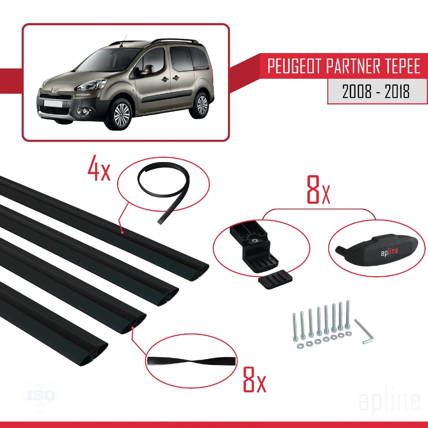 Compatible avec Peugeot Partner 2 Tepee 2008-2018 BASIC Model Barres de Toit Railing Porte-Bagages de Voiture Noir Aluminium 4 Barres