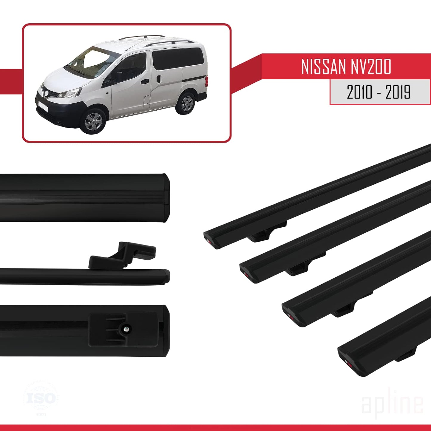 Compatible avec Nissan NV200 (M20) 2010-2019 Siyah BASIC Model Barres de Toit Railing Porte-Bagages de Voiture Noir Aluminium 4 Barres