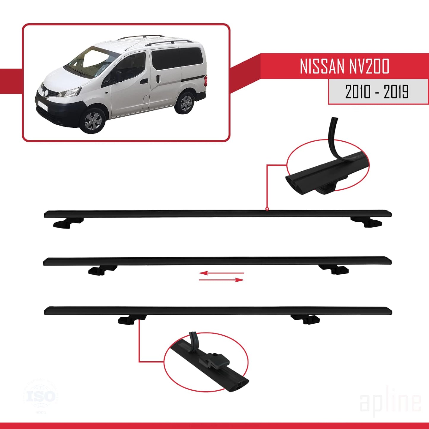 Compatible avec Nissan NV200 (M20) 2010-2019 Siyah BASIC Model Barres de Toit Railing Porte-Bagages de Voiture Noir Aluminium 2 Barres