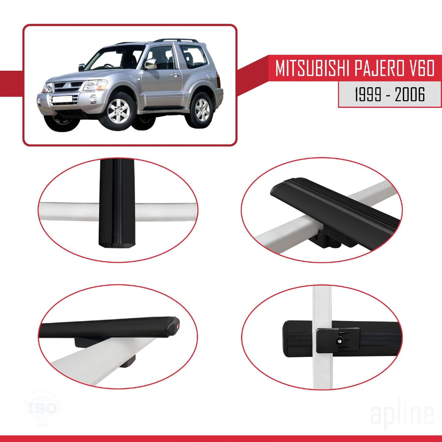 Compatible avec Mitsubishi Pajero (V60) 3 Kapı 1999-2006 BASIC Model Barres de Toit Railing Porte-Bagages de Voiture Noir Aluminium 3 Barres