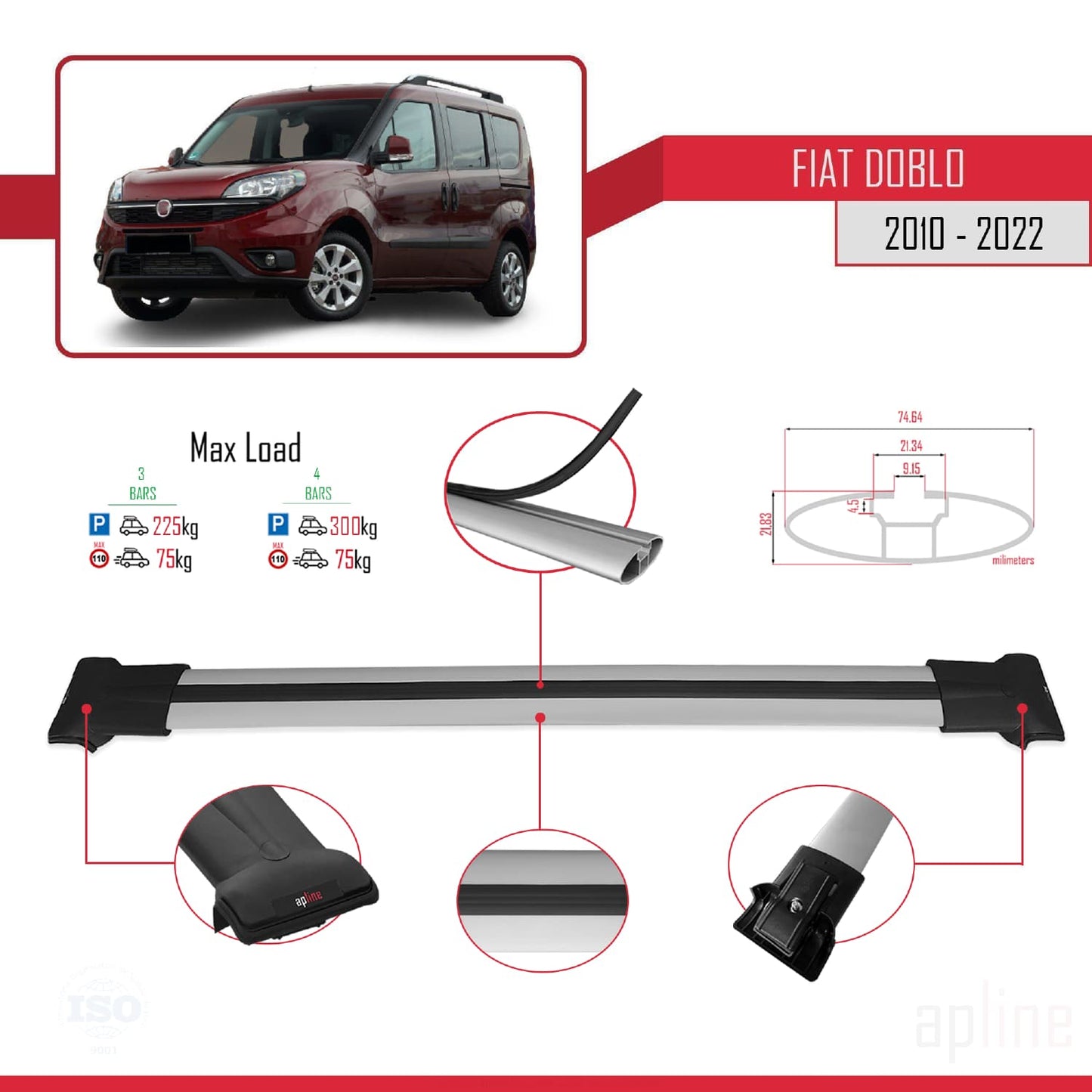 Compatible avec Fiat Doblo 2 2010-2022 FLY Model Barres de Toit Railing Porte-Bagages de Voiture Gris Aluminium 3 Barres