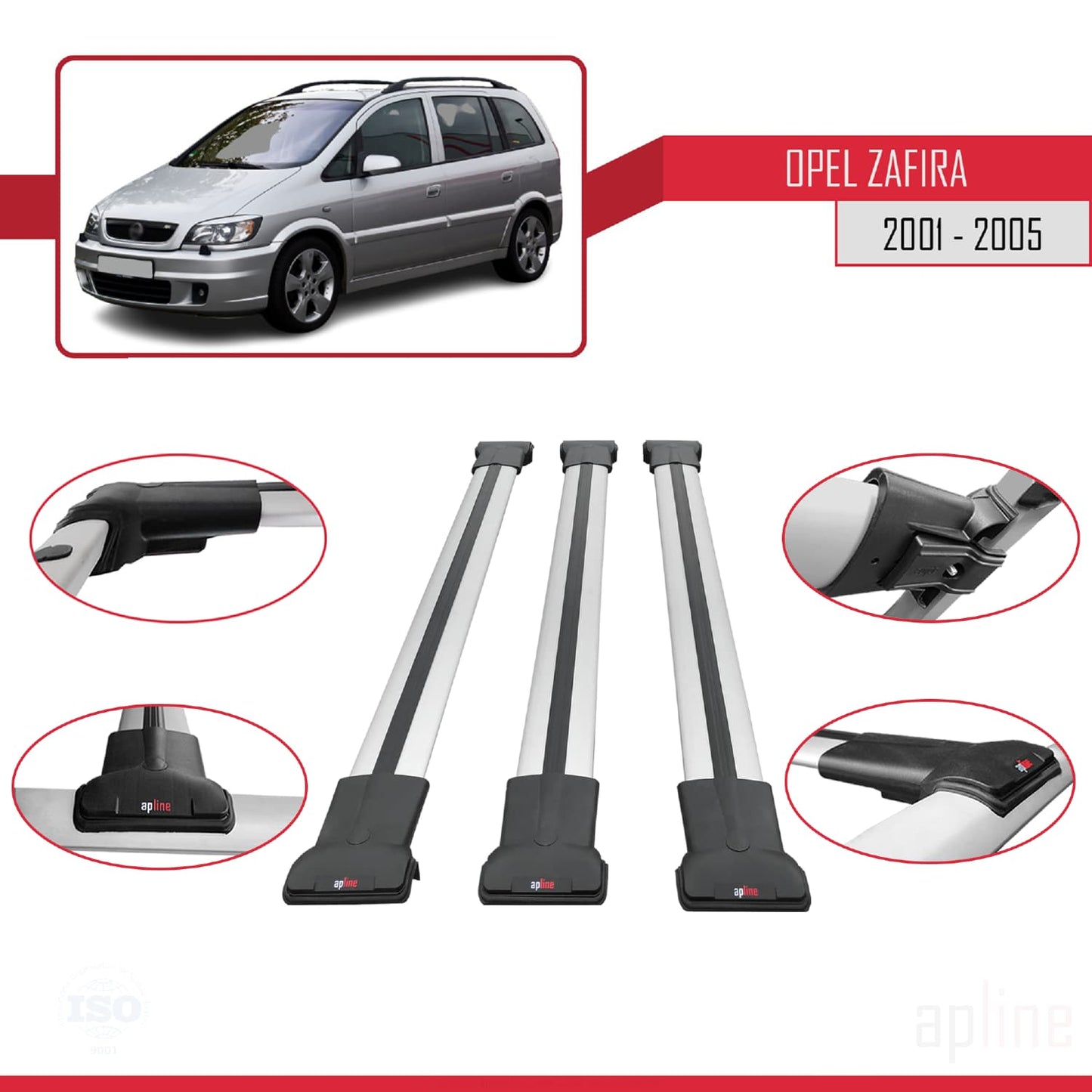 Compatible avec Opel Zafira A (T98) 2001-2005 FLY Model Barres de Toit Railing Porte-Bagages de Voiture Gris Aluminium 3 Barres