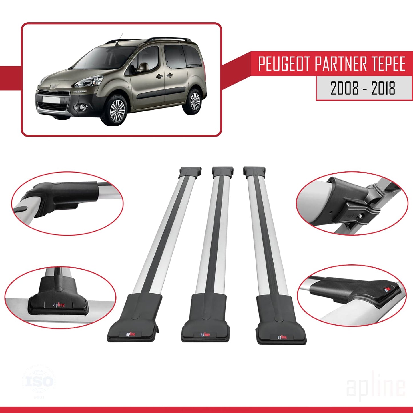 Compatible avec Peugeot Partner 2 Tepee 2008-2018 FLY Model Barres de Toit Railing Porte-Bagages de Voiture Gris Aluminium 3 Barres